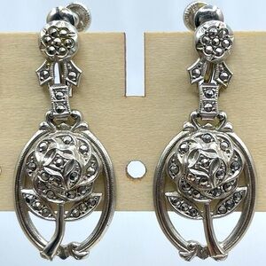 Vintage 925 Sterling Silver Rose Dangle Screw Back Earrings Art Deco Victorian